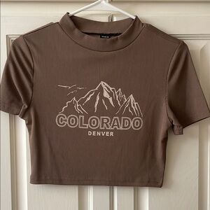 SHEIN Brown Graphic Crop T-Shirt with Mandarin Collar